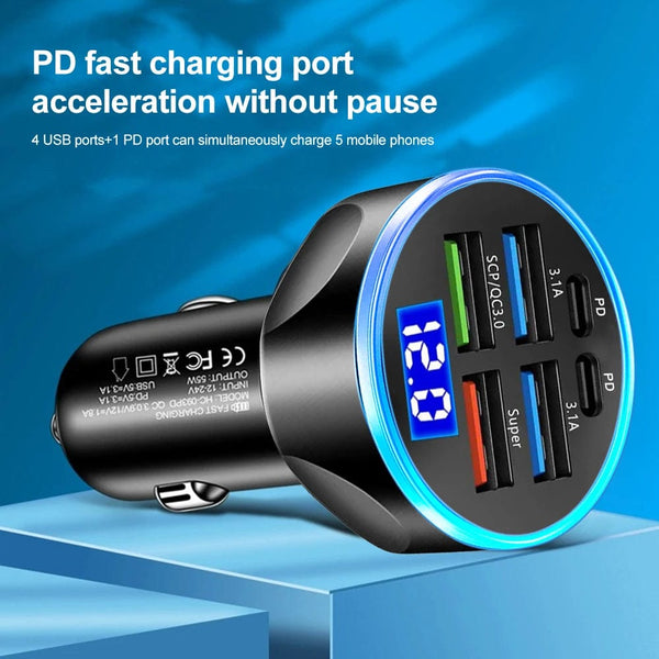 Planet Gates 250W PD Car Charger QC3.0 Fast Charge One to Six Car Cigarette Lighter Plug 5 Port Car Charger Flash Charge with Digital Display