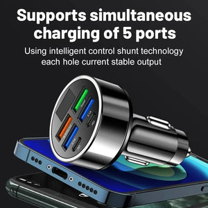 Planet Gates 250W PD Car Charger QC3.0 Fast Charge One to Six Car Cigarette Lighter Plug 5 Port Car Charger Flash Charge with Digital Display