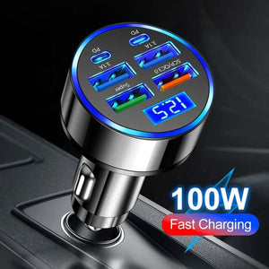 Planet Gates 250W PD Car Charger QC3.0 Fast Charge One to Six Car Cigarette Lighter Plug 5 Port Car Charger Flash Charge with Digital Display