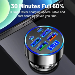 Planet Gates 250W PD Car Charger QC3.0 Fast Charge One to Six Car Cigarette Lighter Plug 5 Port Car Charger Flash Charge with Digital Display