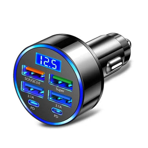 Planet Gates 250W PD Car Charger QC3.0 Fast Charge One to Six Car Cigarette Lighter Plug 5 Port Car Charger Flash Charge with Digital Display