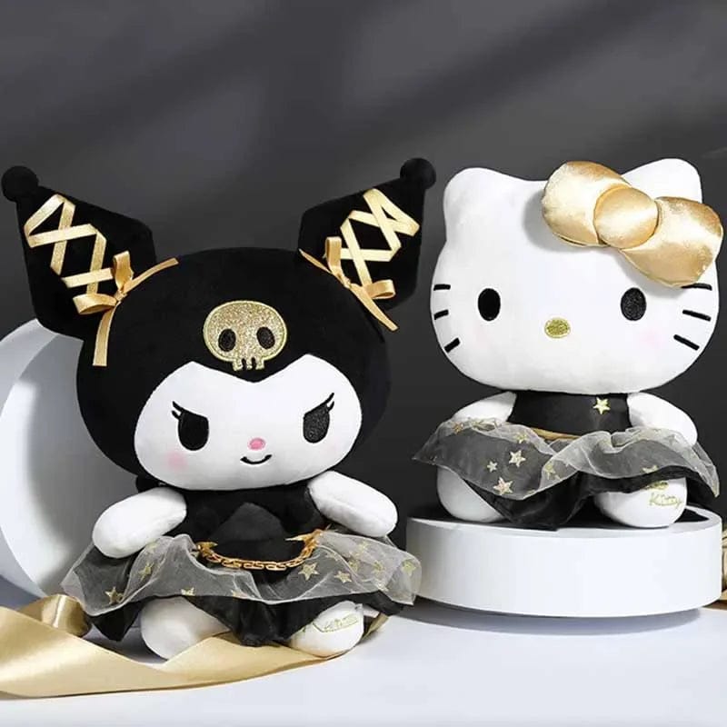 Planet Gates 25CM New Sanrio Kawaii Black Gold Series Plush Stuffed Toy Soft Pillow Cute Kuromi Hello Kitty Birthday Gift Children's Toy
