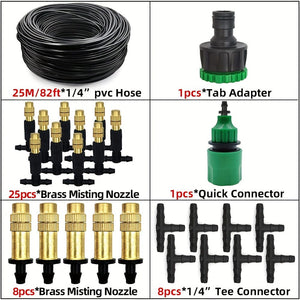 Planet Gates 25M 1 Pack, 5M-30M Outdoor Misting Cooling System Garden Irrigation Watering 1/4'' Brass Atomizer Nozzles 4/7mm Hose For Patio Greenhouse