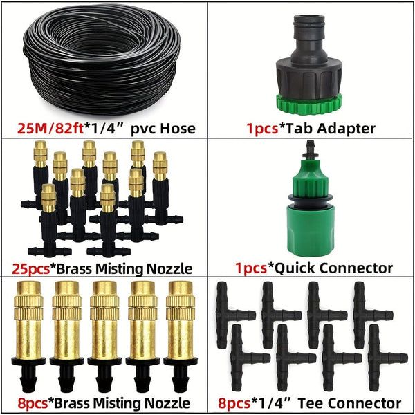 Planet Gates 25M 1 Pack, 5M-30M Outdoor Misting Cooling System Garden Irrigation Watering 1/4'' Brass Atomizer Nozzles 4/7mm Hose For Patio Greenhouse