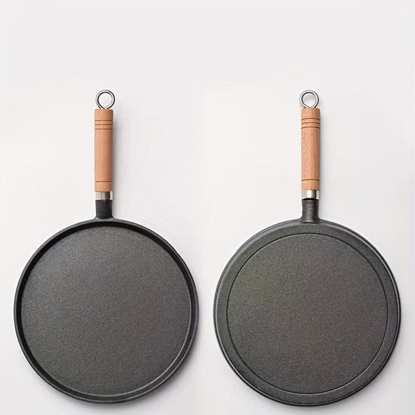 Planet Gates 26CM Disc Frying Pan With Wooden Handle (726) 1pc 26cm Cast Iron Frying Pan With Wodden Handle Nonstick Omelet Pan Kitchen Cooking Skillet Pancake Crepe Maker Flat Pan Griddle Breakfast Omelet Baking Pans