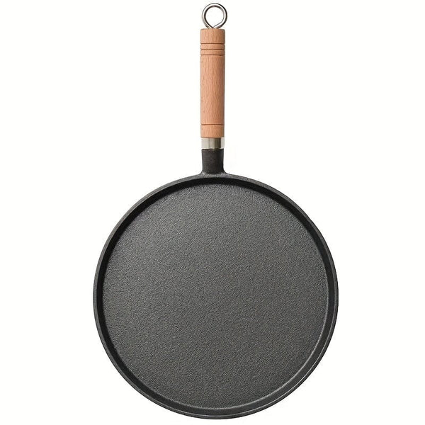 Planet Gates 26CM Disc Frying Pan With Wooden Handle (726) 1pc 26cm Cast Iron Frying Pan With Wodden Handle Nonstick Omelet Pan Kitchen Cooking Skillet Pancake Crepe Maker Flat Pan Griddle Breakfast Omelet Baking Pans