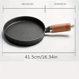 Planet Gates 26CM Disc Frying Pan With Wooden Handle (726) 1pc 26cm Cast Iron Frying Pan With Wodden Handle Nonstick Omelet Pan Kitchen Cooking Skillet Pancake Crepe Maker Flat Pan Griddle Breakfast Omelet Baking Pans
