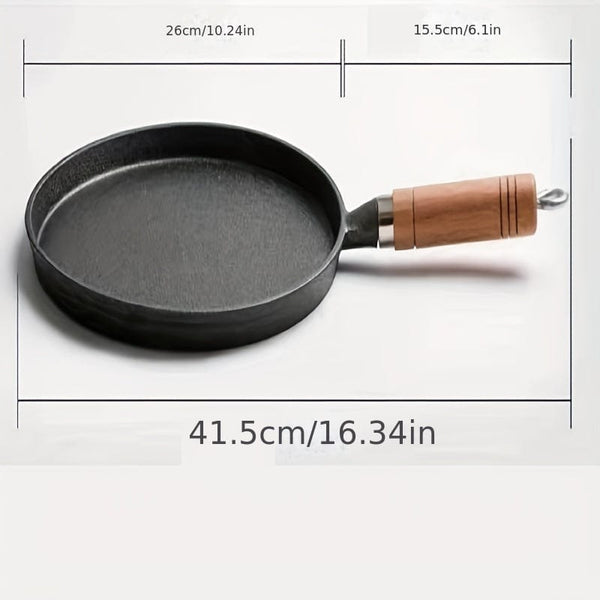 Planet Gates 26CM Disc Frying Pan With Wooden Handle (726) 1pc 26cm Cast Iron Frying Pan With Wodden Handle Nonstick Omelet Pan Kitchen Cooking Skillet Pancake Crepe Maker Flat Pan Griddle Breakfast Omelet Baking Pans