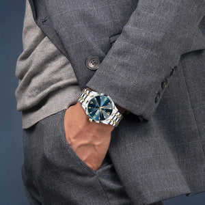 Planet Gates 2733-J Men Watch Water Diamond Luxury Night Glow Double Calendar Quartz Movement 41mm Blue Gold Stainless Steel Fashion Business Watch