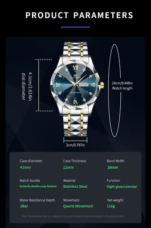 Planet Gates 2733-J Men Watch Water Diamond Luxury Night Glow Double Calendar Quartz Movement 41mm Blue Gold Stainless Steel Fashion Business Watch