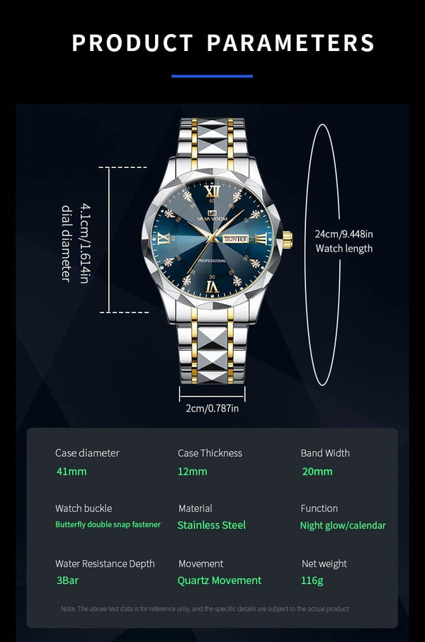 Planet Gates 2733-J Men Watch Water Diamond Luxury Night Glow Double Calendar Quartz Movement 41mm Blue Gold Stainless Steel Fashion Business Watch