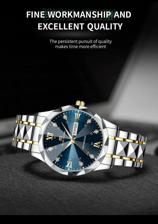 Planet Gates 2733-J Men Watch Water Diamond Luxury Night Glow Double Calendar Quartz Movement 41mm Blue Gold Stainless Steel Fashion Business Watch