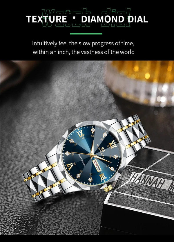 Planet Gates 2733-J Men Watch Water Diamond Luxury Night Glow Double Calendar Quartz Movement 41mm Blue Gold Stainless Steel Fashion Business Watch