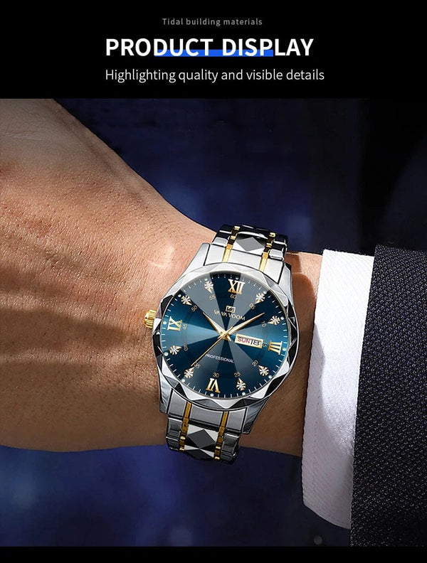 Planet Gates 2733-J Men Watch Water Diamond Luxury Night Glow Double Calendar Quartz Movement 41mm Blue Gold Stainless Steel Fashion Business Watch