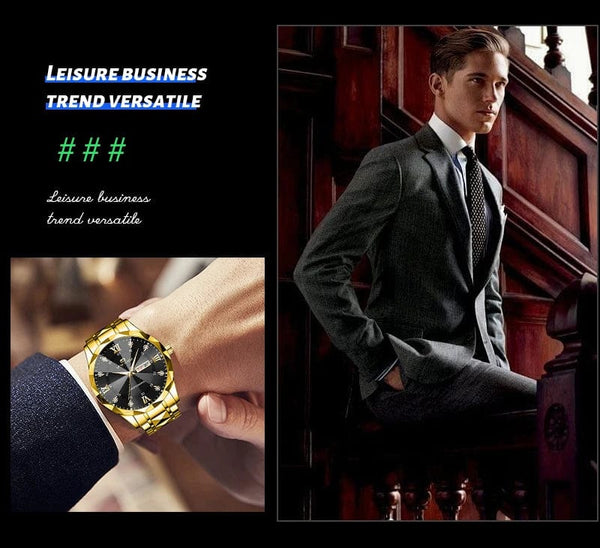 Planet Gates 2733-J Men Watch Water Diamond Luxury Night Glow Double Calendar Quartz Movement 41mm Blue Gold Stainless Steel Fashion Business Watch