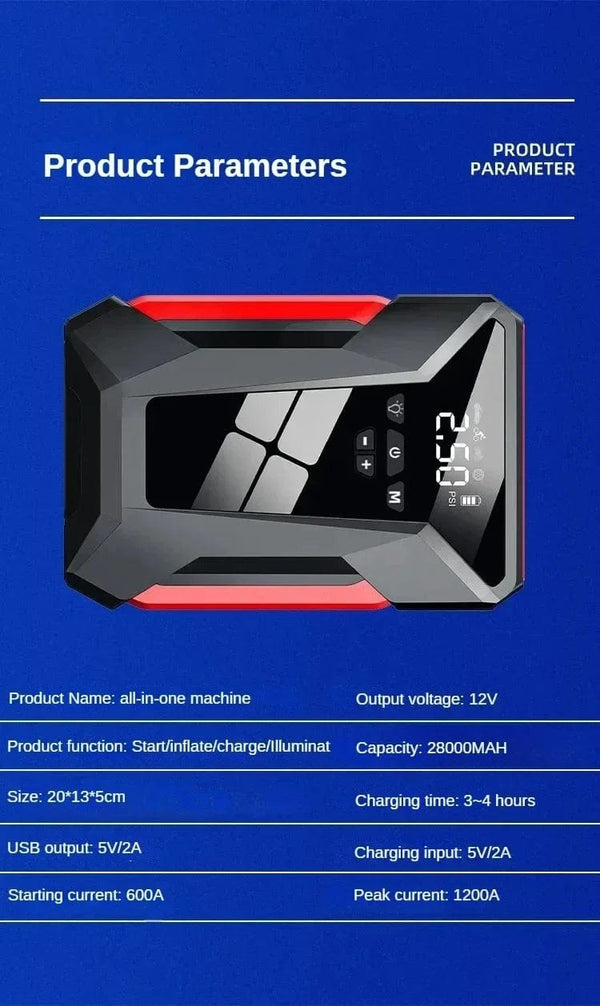 Planet Gates 28000mAh Car Jump Starter Multifunctional Automotive Emergency Power 150PSI Tire Inflator Powerbank Air Pump With Bag