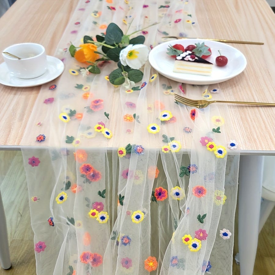 Planet Gates 29.52*118inch/75*300cm 1pc, Tablecloth, Pastoral Style Embroidery Craft Colorful Floral Lace Table Cloth, Suitable For Wedding Decoration, Outdoor Garden, Kitchen, Living Room Dining Table, Balcony Coffee Table Home Decoration
