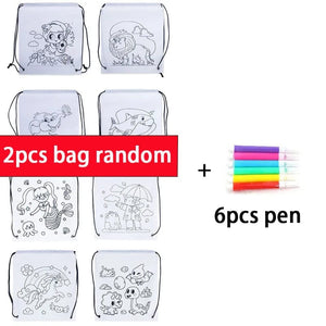 Planet Gates 2bag 6pen Children's Graffiti Backpack Bag DIY Coloring Painting Toys for Kids Cute Animal Mermaid Non-Woven Drawstring Bag Drawing Crafts