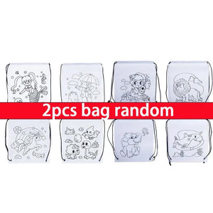 Planet Gates 2bag random Children's Graffiti Backpack Bag DIY Coloring Painting Toys for Kids Cute Animal Mermaid Non-Woven Drawstring Bag Drawing Crafts