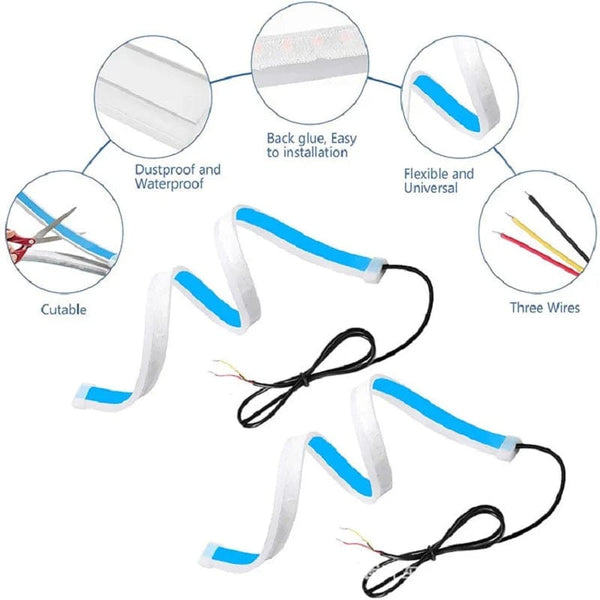 Planet Gates 2pcs 12V LED DRL Car Daytime Running Light Flexible Waterproof Strip Auto Headlights White Turn Signal Yellow Brake Flow Lights