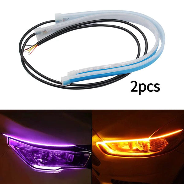 Planet Gates 2pcs 12V LED DRL Car Daytime Running Light Flexible Waterproof Strip Auto Headlights White Turn Signal Yellow Brake Flow Lights