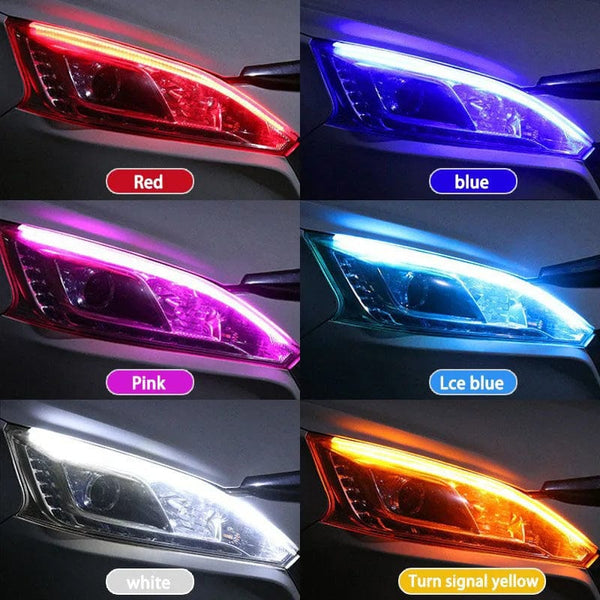 Planet Gates 2pcs 12V LED DRL Car Daytime Running Light Flexible Waterproof Strip Auto Headlights White Turn Signal Yellow Brake Flow Lights