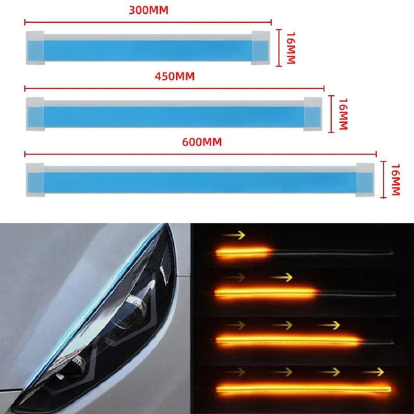 Planet Gates 2pcs 12V LED DRL Car Daytime Running Light Flexible Waterproof Strip Auto Headlights White Turn Signal Yellow Brake Flow Lights