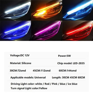 Planet Gates 2pcs 12V LED DRL Car Daytime Running Light Flexible Waterproof Strip Auto Headlights White Turn Signal Yellow Brake Flow Lights