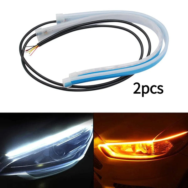 Planet Gates 2pcs 12V LED DRL Car Daytime Running Light Flexible Waterproof Strip Auto Headlights White Turn Signal Yellow Brake Flow Lights