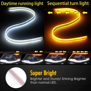 Planet Gates 2pcs 12V LED DRL Car Daytime Running Light Flexible Waterproof Strip Auto Headlights White Turn Signal Yellow Brake Flow Lights