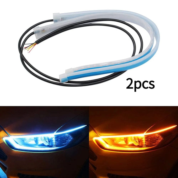 Planet Gates 2pcs 12V LED DRL Car Daytime Running Light Flexible Waterproof Strip Auto Headlights White Turn Signal Yellow Brake Flow Lights