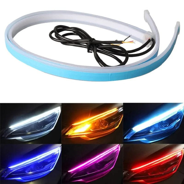 Planet Gates 2pcs 12V LED DRL Car Daytime Running Light Flexible Waterproof Strip Auto Headlights White Turn Signal Yellow Brake Flow Lights
