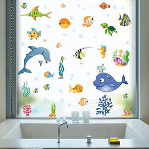 Planet Gates 2pcs 2 Sheets Window Privacy Film Stained Glass Static Cling Non Adhesive Frosted UV Sun Blocking Ocean Fish Dolphin Pattern Vinyl Stickers Opaque Bathroom Door Coverings