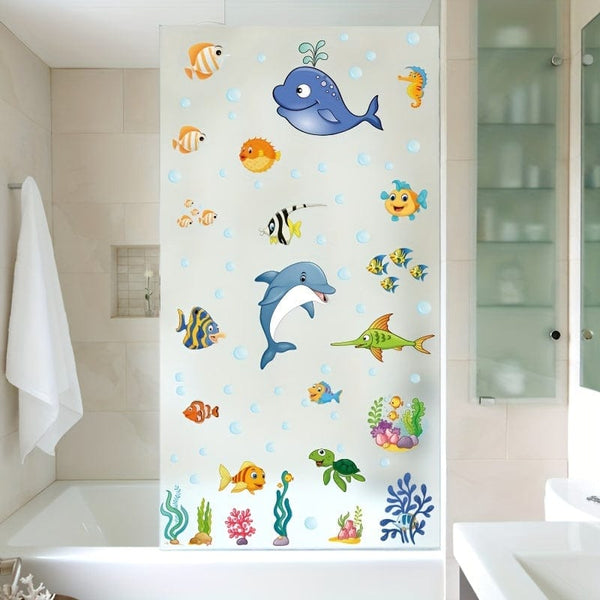 Planet Gates 2pcs 2 Sheets Window Privacy Film Stained Glass Static Cling Non Adhesive Frosted UV Sun Blocking Ocean Fish Dolphin Pattern Vinyl Stickers Opaque Bathroom Door Coverings
