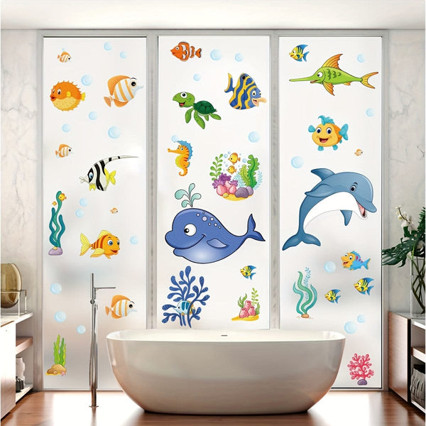 Planet Gates 2pcs 2 Sheets Window Privacy Film Stained Glass Static Cling Non Adhesive Frosted UV Sun Blocking Ocean Fish Dolphin Pattern Vinyl Stickers Opaque Bathroom Door Coverings