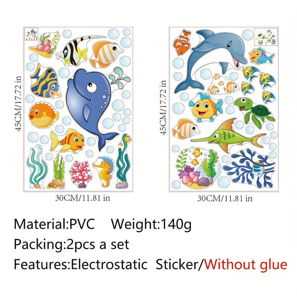 Planet Gates 2pcs 2 Sheets Window Privacy Film Stained Glass Static Cling Non Adhesive Frosted UV Sun Blocking Ocean Fish Dolphin Pattern Vinyl Stickers Opaque Bathroom Door Coverings