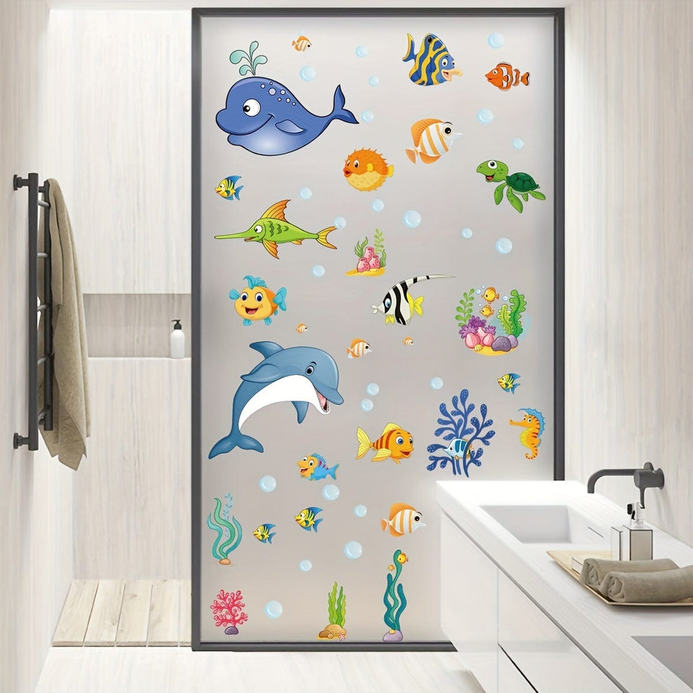 Planet Gates 2pcs 2 Sheets Window Privacy Film Stained Glass Static Cling Non Adhesive Frosted UV Sun Blocking Ocean Fish Dolphin Pattern Vinyl Stickers Opaque Bathroom Door Coverings