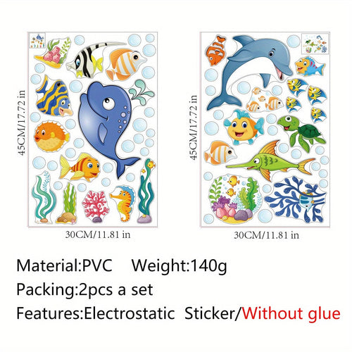 Planet Gates 2pcs 2 Sheets Window Privacy Film Stained Glass Static Cling Non Adhesive Frosted UV Sun Blocking Ocean Fish Dolphin Pattern Vinyl Stickers Opaque Bathroom Door Coverings