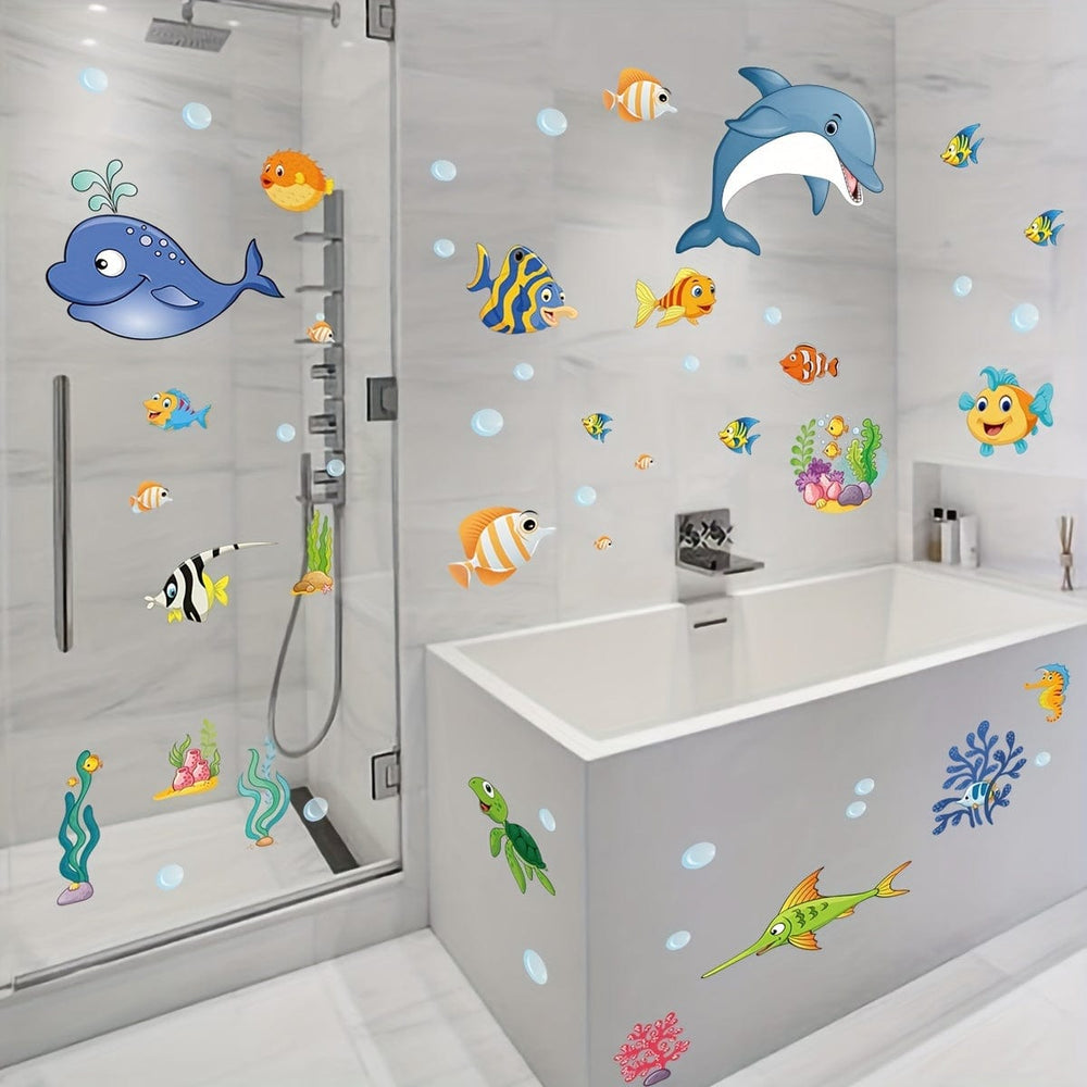 Planet Gates 2pcs 2 Sheets Window Privacy Film Stained Glass Static Cling Non Adhesive Frosted UV Sun Blocking Ocean Fish Dolphin Pattern Vinyl Stickers Opaque Bathroom Door Coverings