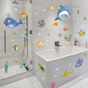 Planet Gates 2pcs 2 Sheets Window Privacy Film Stained Glass Static Cling Non Adhesive Frosted UV Sun Blocking Ocean Fish Dolphin Pattern Vinyl Stickers Opaque Bathroom Door Coverings