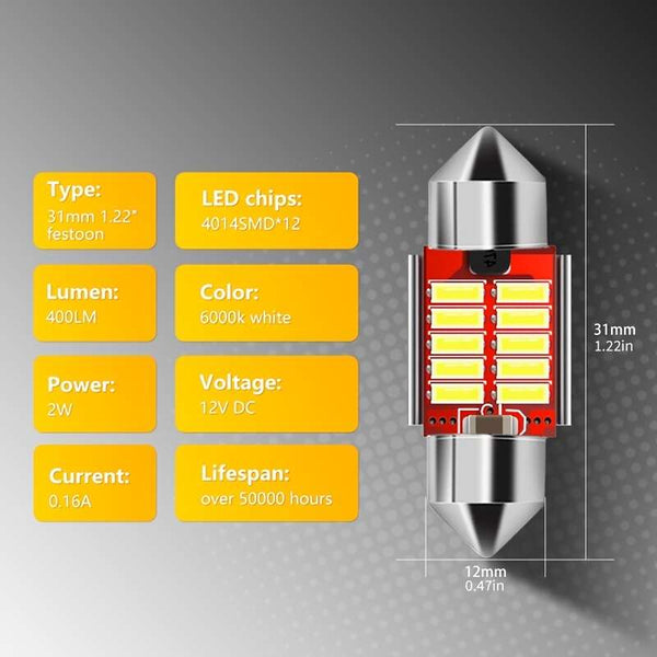 Planet Gates 2pcs 31MM LED bulbs 2 Super Bright Festoon LED Bulbs Without Error 1.25 "31mm Car Interior Map Dome Light License Plate Door Control Light Xenon White 12V