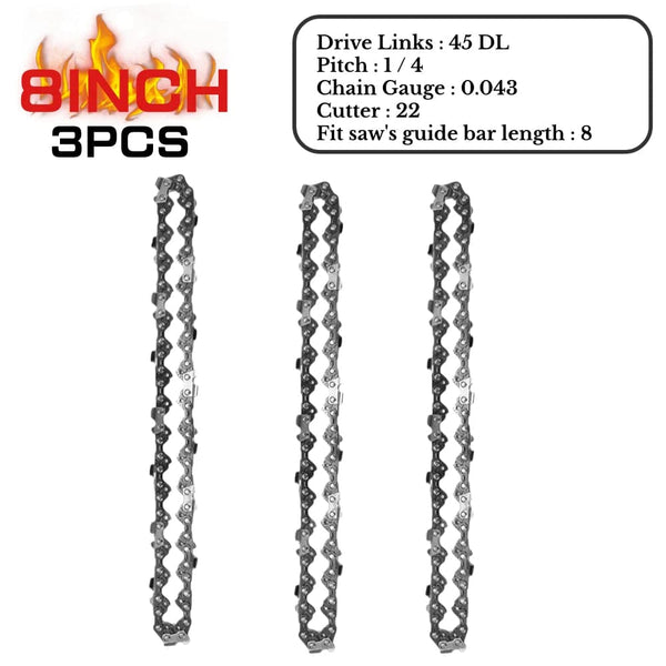 Planet Gates 2pcs 8inch chains / CHINA 8Inch Mini Chainsaw Chain Guide 1/4" Pitch .043" 45 Drive Links Semi Chisel Electric Chainsaw Chain for Garden Woodworking Tool