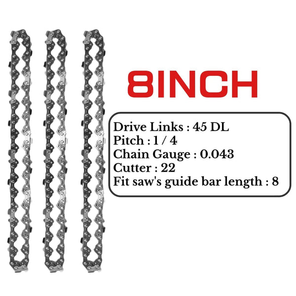 Planet Gates 2pcs 8inch chains / CHINA 8Inch Mini Chainsaw Chain Guide 1/4" Pitch .043" 45 Drive Links Semi Chisel Electric Chainsaw Chain for Garden Woodworking Tool