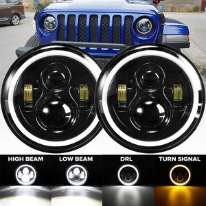 Planet Gates 2pcs Car 7" Led Headlight Hi/Low H4 Halo Angle Eyes For Urban Harley BMW Jeep JK 4x4 Suzuki Samurai Jeep Wrangler Off Road