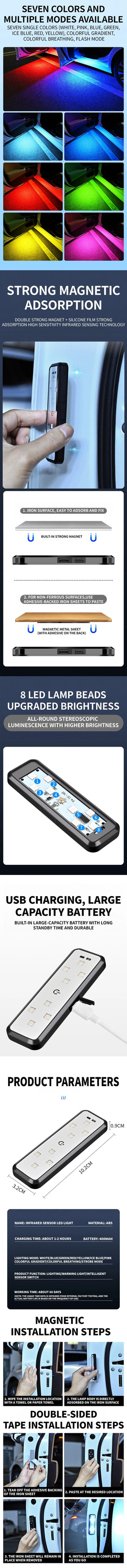 Planet Gates 2PCS Car Door Lights LED Welcome Light Magnetic Control USB Charging Auto Open Door Safe Anti-collision Emergency Signal Lamp