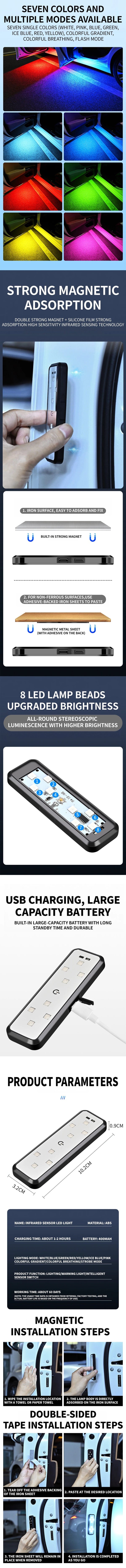 Planet Gates 2PCS Car Door Lights LED Welcome Light Magnetic Control USB Charging Auto Open Door Safe Anti-collision Emergency Signal Lamp