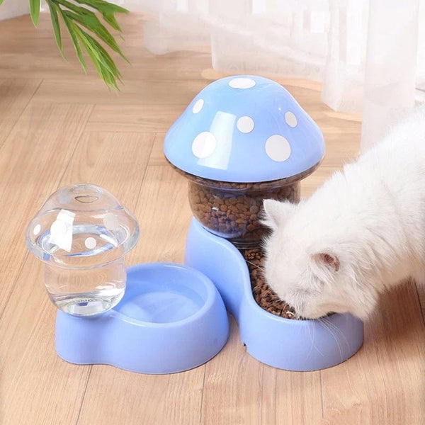 Planet Gates 2pcs Cat Food Bowl Set Automatic Feeders and Water Dispenser Cute Mushroom Shape Feeding Bowl Water Bottle for Cats Small Dogs