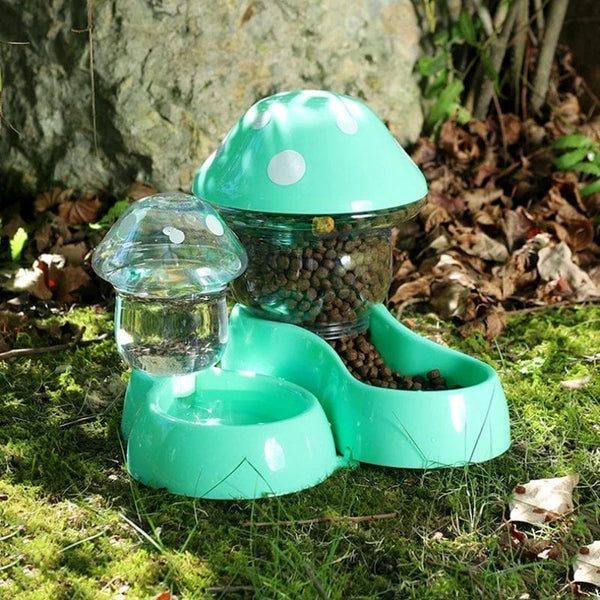 Planet Gates 2pcs Cat Food Bowl Set Automatic Feeders and Water Dispenser Cute Mushroom Shape Feeding Bowl Water Bottle for Cats Small Dogs