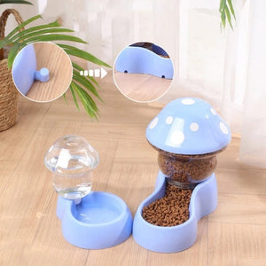 Planet Gates 2pcs Cat Food Bowl Set Automatic Feeders and Water Dispenser Cute Mushroom Shape Feeding Bowl Water Bottle for Cats Small Dogs