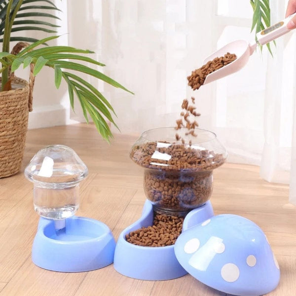 Planet Gates 2pcs Cat Food Bowl Set Automatic Feeders and Water Dispenser Cute Mushroom Shape Feeding Bowl Water Bottle for Cats Small Dogs